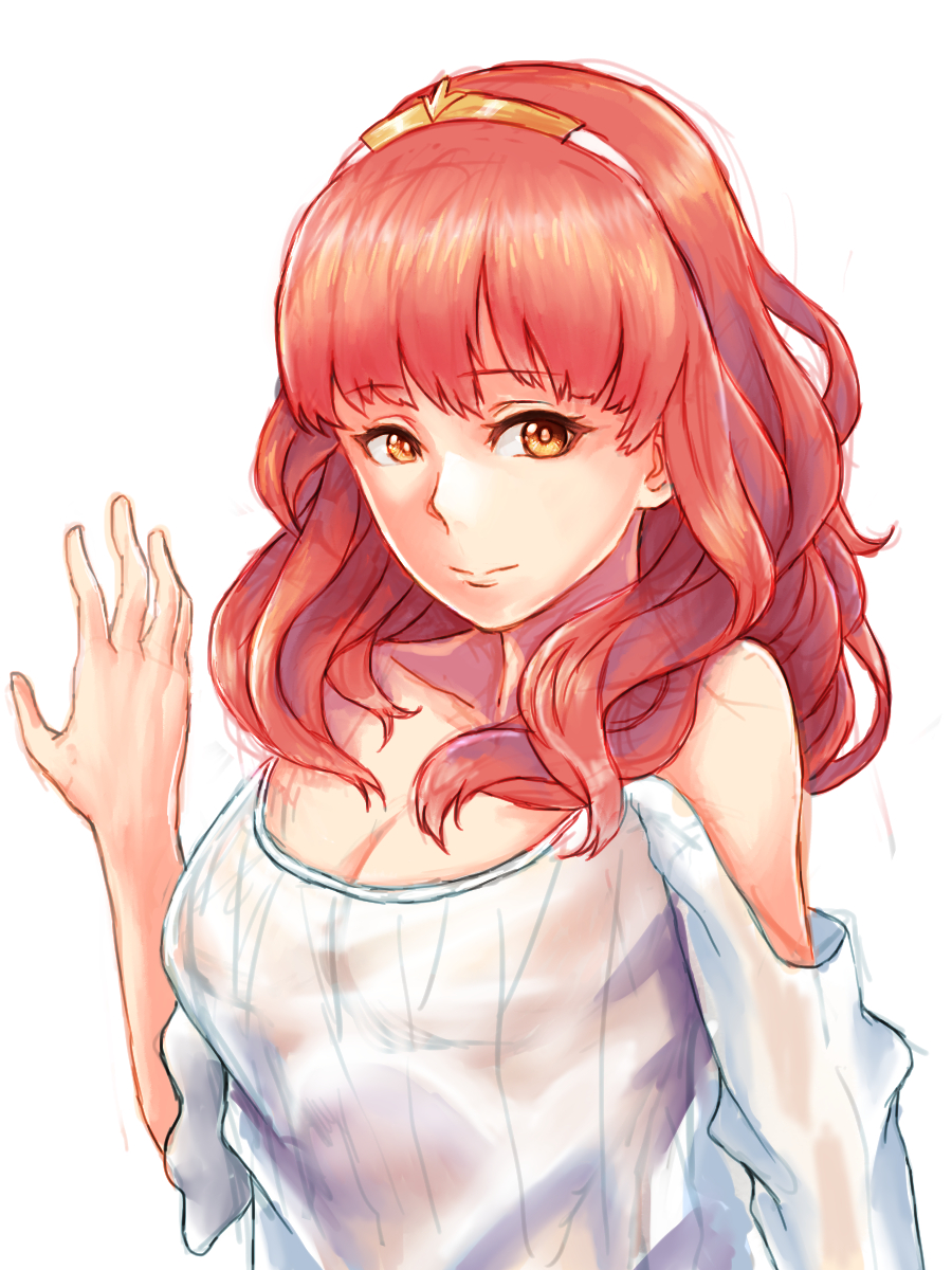 1girl bare_shoulders celica_(fire_emblem) closed_mouth fire_emblem fire_emblem_echoes:_mou_hitori_no_eiyuuou hair_ornament hairband highres long_hair pocari66 red_eyes redhead see-through simple_background solo white_background