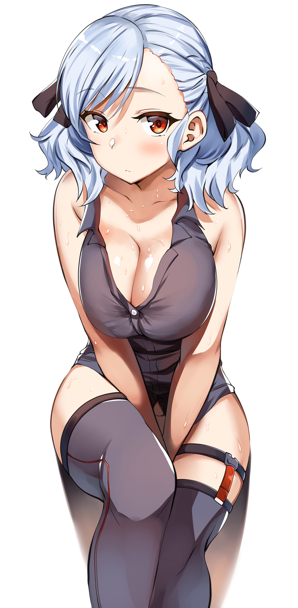 1girl asymmetrical_bangs bangs between_legs breasts cleavage closed_mouth commentary_request eyebrows_visible_through_hair girls_frontline grey_legwear hair_ribbon hand_between_legs highres large_breasts lolicept looking_at_viewer medium_hair no_pants panties red_eyes revision ribbon shirt silver_hair simple_background sitting skindentation sleeveless sleeveless_shirt solo spas-12_(girls_frontline) sweat thigh-highs underwear white_background