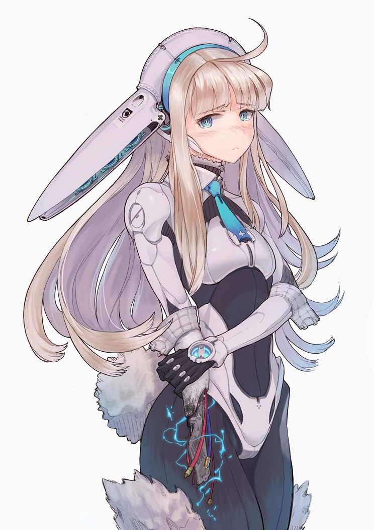 1girl ahoge android blonde_hair blue_eyes bodysuit bunny_tail damaged electricity frown long_hair necktie original parts_exposed sidelocks sin_gun_woo solo tail turtleneck upper_body