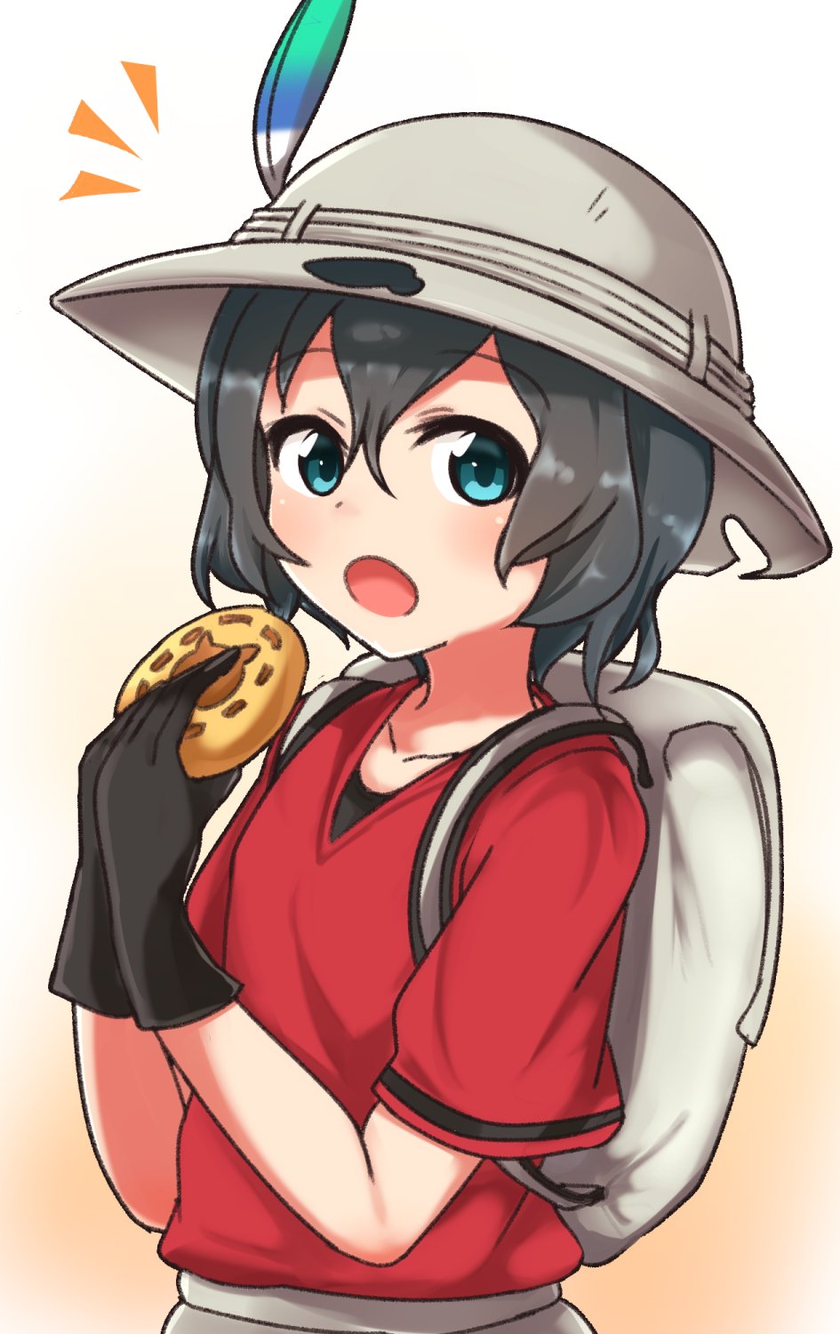 1girl alternate_eye_color backpack bag black_gloves black_hair blue_eyes chawan_(yultutari) commentary cookie eyebrows_visible_through_hair food gloves hair_between_eyes hat_feather helmet highres holding holding_food kaban_(kemono_friends) kemono_friends looking_at_viewer notice_lines open_mouth pith_helmet red_shirt shirt short_hair short_sleeves solo standing upper_body wavy_hair white_background
