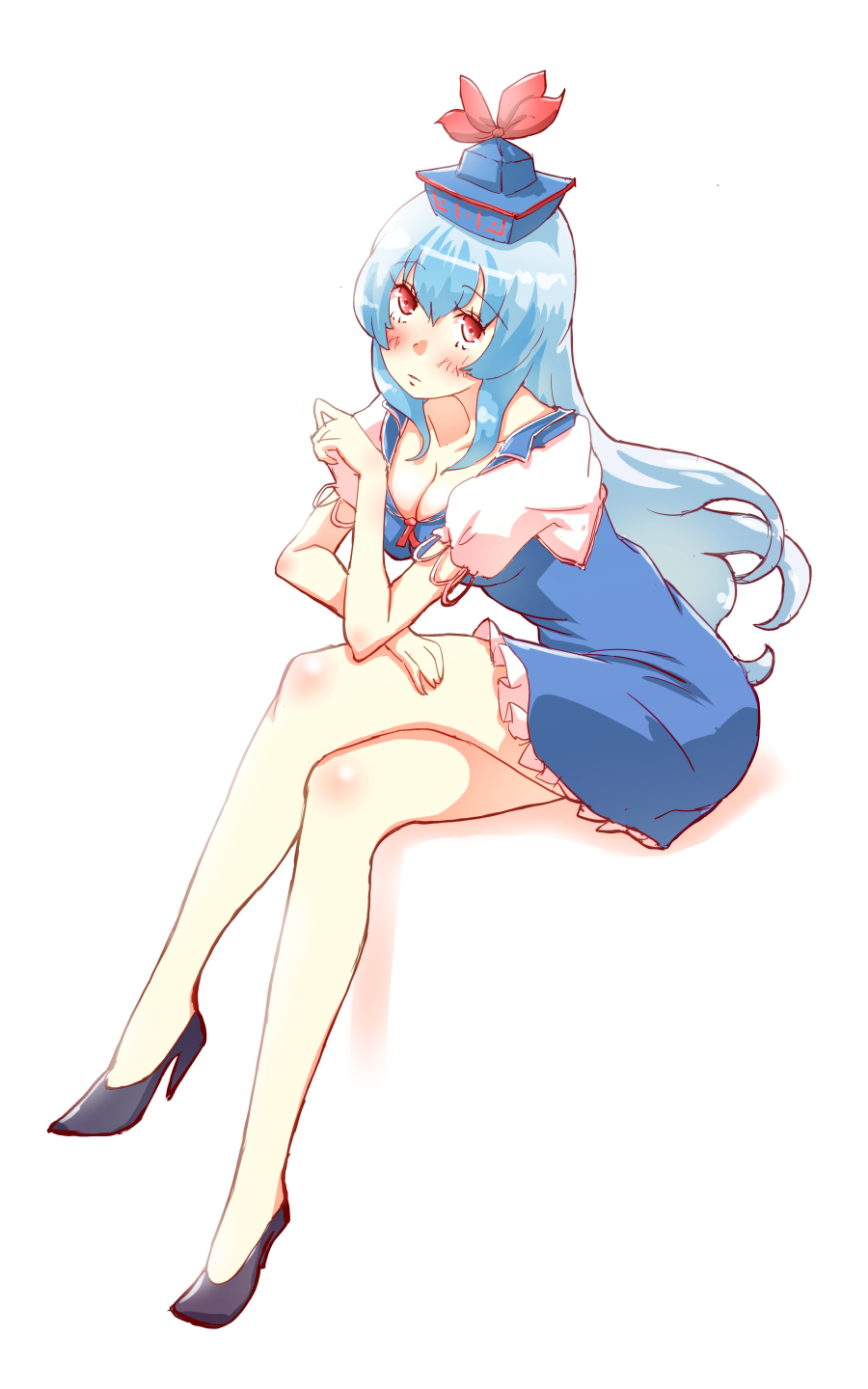 1girl bare_legs black_footwear blue_hair blush breasts cleavage collarbone dress full_body hat high_heels highres invisible_chair kamishirasawa_keine legs_crossed long_hair looking_at_viewer medium_breasts non_(z-art) red_eyes short_dress short_sleeves simple_background sitting solo touhou white_background