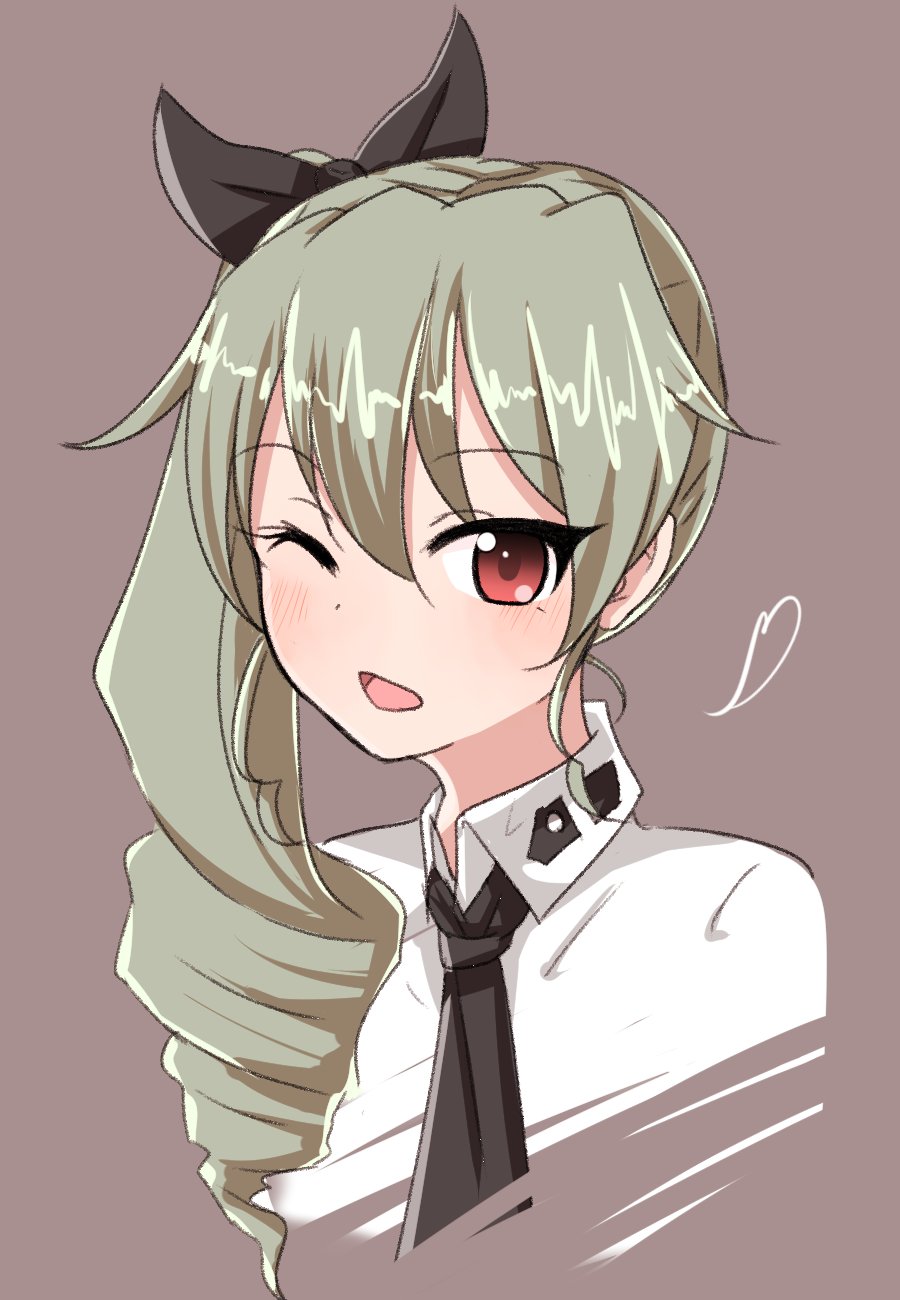 1girl alternate_hairstyle anchovy anzio_school_uniform bangs black_neckwear black_ribbon blush brown_background chawan_(yultutari) commentary cropped_torso dress_shirt drill_hair eyebrows_visible_through_hair girls_und_panzer green_hair hair_over_one_eye hair_ribbon heart highres long_hair long_sleeves looking_at_viewer necktie one_eye_closed open_mouth portrait red_eyes ribbon school_uniform shirt side_drill side_ponytail simple_background smile solo white_shirt