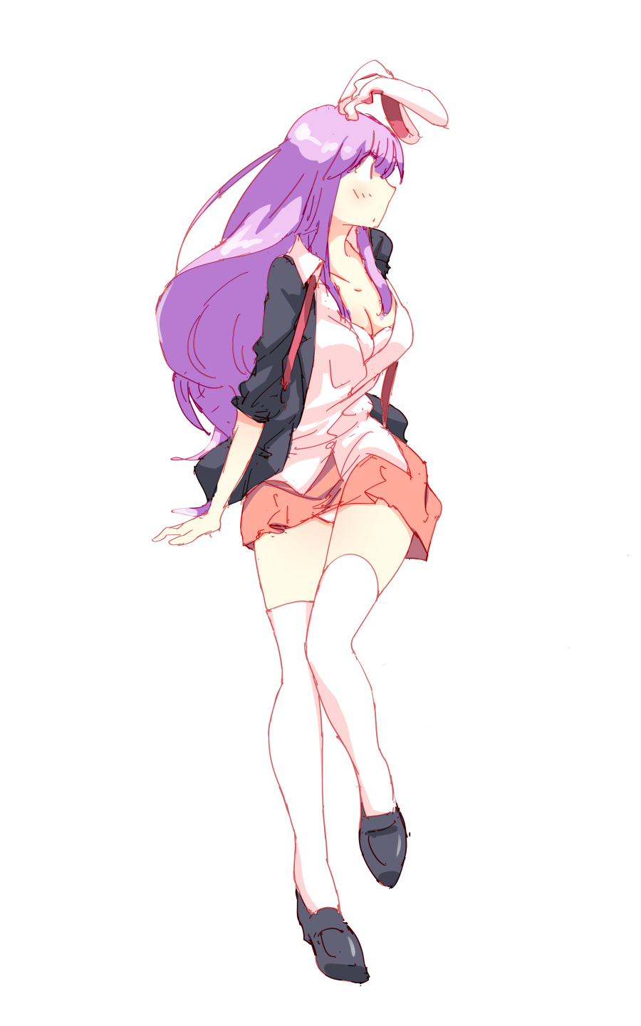 1girl animal_ears blush breasts cleavage collared_shirt full_body highres invisible_chair jacket long_hair medium_breasts miniskirt non_(z-art) panties pantyshot pantyshot_(sitting) pleated_skirt profile purple_hair rabbit_ears red_eyes reisen_udongein_inaba shirt shoes simple_background sitting sketch skirt solo thigh-highs touhou underwear white_background white_legwear white_panties zettai_ryouiki