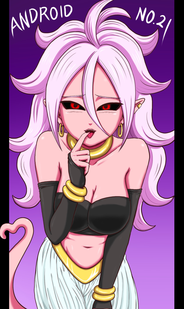 1girl android_21 bare_shoulders black_sclera black_sleeves black_tubetop bracelet breasts character_name detached_sleeves dragon_ball dragon_ball_fighterz earrings finger_to_tongue hair_between_eyes harem_pants heart heart_tail hoop_earrings jewelry koyukiyasu large_breasts long_hair looking_at_viewer majin_android_21 midriff navel pants pillarboxed pink_skin pointy_ears purple_hair red_eyes solo strapless tail tongue tongue_out tubetop white_pants