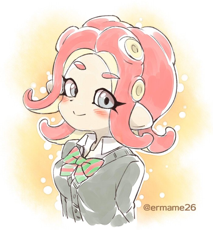 1girl agent_8 blazer blush bow breasts commentary eromame grey_eyes jacket looking_at_viewer octarian octoling pointy_ears redhead school_uniform serafuku smile solo splatoon splatoon_2 splatoon_2:_octo_expansion tentacle_hair