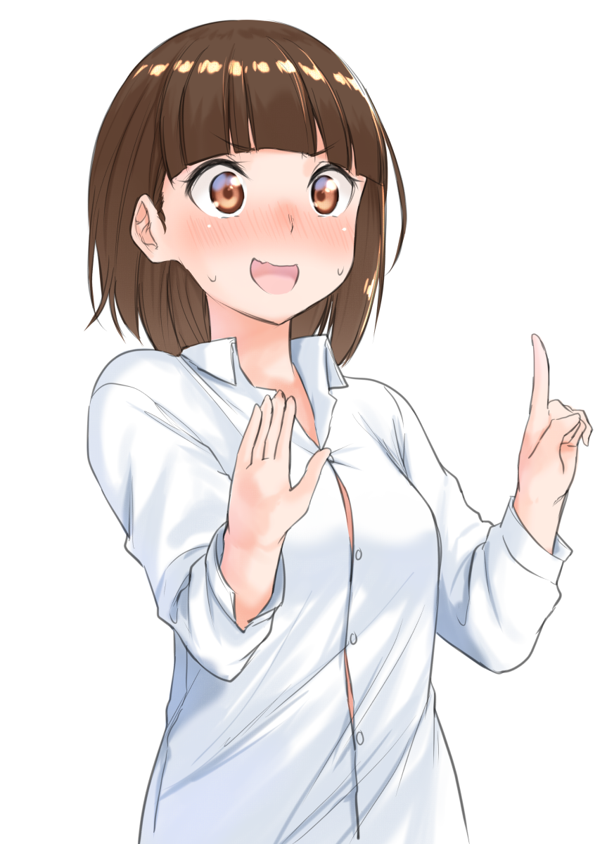 1girl :d bangs blush breasts brown_eyes brown_hair collared_shirt commentary_request dress_shirt eyebrows_visible_through_hair fang fingernails hands_up highres index_finger_raised long_sleeves looking_at_viewer nervous_smile nose_blush open_mouth original shirt small_breasts smile solo sweat upper_body v-shaped_eyebrows white_shirt yuki_arare