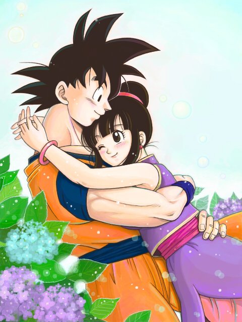 1boy 1girl ;) bare_arms bare_shoulders black_eyes black_hair blue_background blue_flower blush bracelet bubble chi-chi_(dragon_ball) chinese_clothes couple cowboy_shot dougi dragon_ball dragonball_z earrings eyelashes fingernails flower hands_on_another's_hips happy height_difference hetero hug interlocked_fingers jewelry leaf looking_at_another looking_down looking_up masa_(p-piyo) one_eye_closed plant profile purple_flower short_hair simple_background sleeveless smile son_gokuu spiky_hair tied_hair upper_body white_background wristband