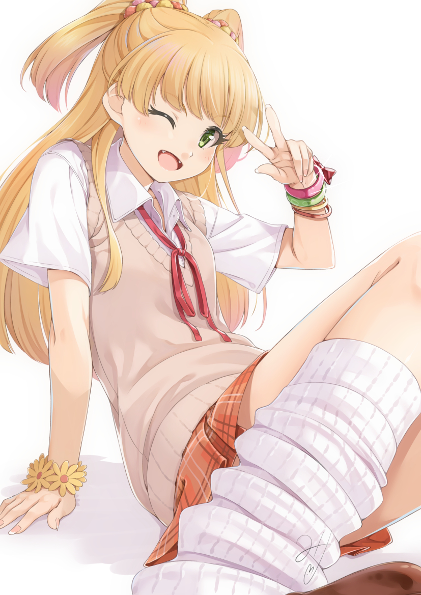 1girl ;d arm_support arm_up bangs blonde_hair blush collared_shirt commentary_request eyebrows_visible_through_hair fangs fingernails flower flower_bracelet green_eyes hair_ornament idolmaster idolmaster_cinderella_girls jougasaki_rika long_hair loose_socks miri_(ago550421) neck_ribbon one_eye_closed open_mouth orange_skirt plaid plaid_skirt pleated_skirt red_ribbon ribbon school_uniform shadow shirt sidelocks signature skirt smile socks solo sweater_vest two_side_up v very_long_hair white_background white_legwear white_shirt yellow_flower