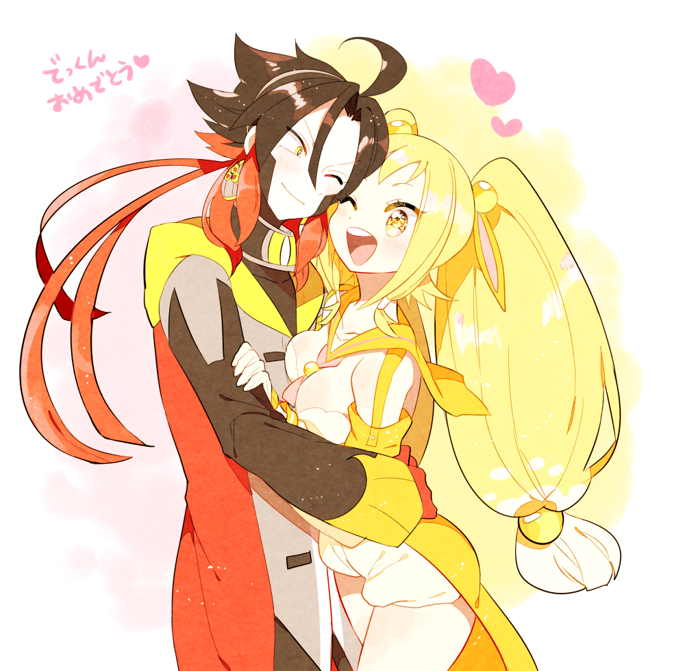 1boy 1girl ;d aegislash ahoge alternate_color azumarill bare_shoulders black_hair blonde_hair blush breasts cape cleavage cowboy_shot creatures_(company) detached_sleeves eye_contact game_freak gen_2_pokemon gen_6_pokemon gloves hair_between_eyes heart hetero hug long_hair long_sleeves looking_at_another low-tied_long_hair medium_breasts nintendo one_eye_closed open_mouth personification pokemon red_cape red_gloves red_ribbon ribbon simple_background smile spiky_hair standing twintails white_gloves yellow_eyes yuzu_ichika