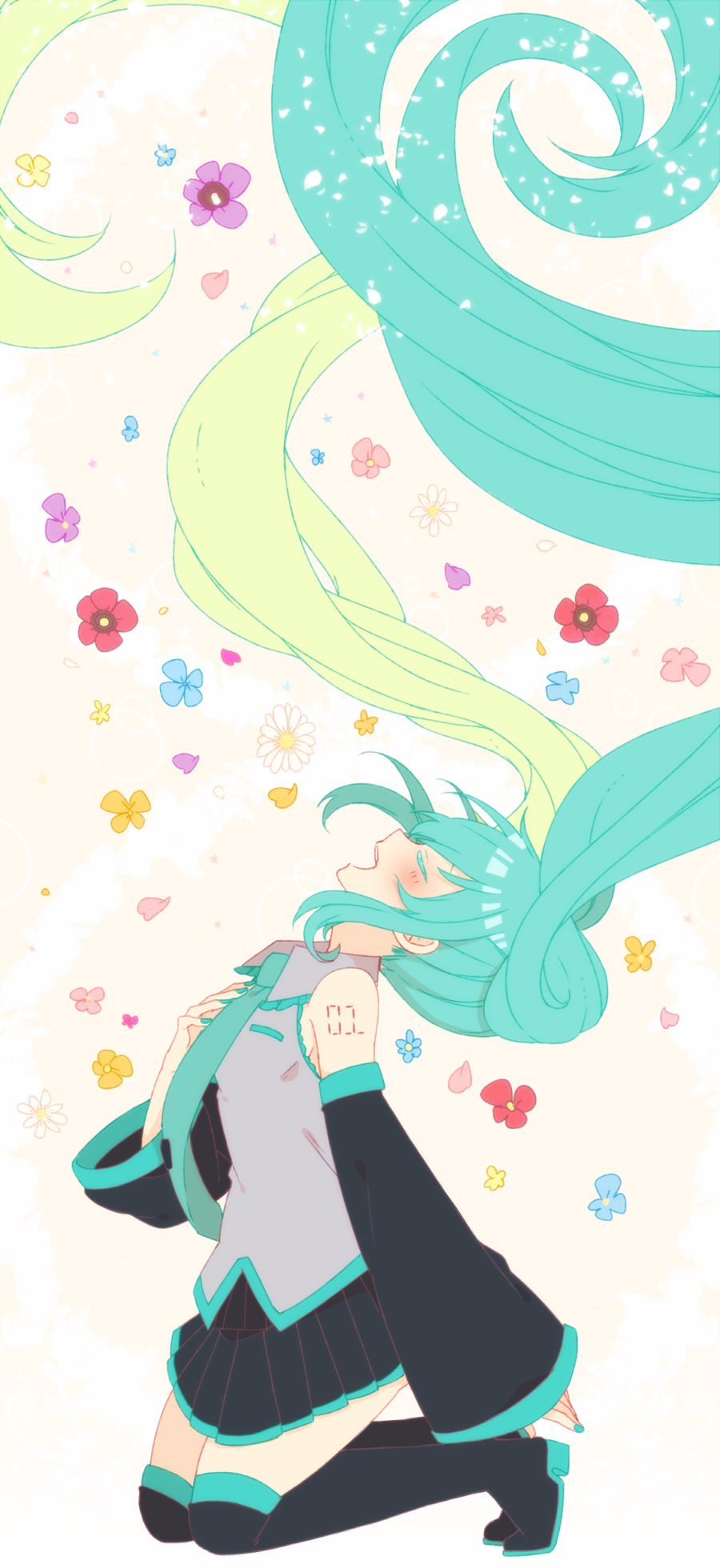 1girl aqua_hair bangs black_skirt blue_flower blue_hair blue_nails blue_neckwear blush boots closed_eyes curly_hair detached_sleeves eyelashes floating_hair flower full_body gradient gradient_background grey_shirt hand_on_own_chest happy hatsune_miku highres kneeling long_hair multicolored_hair nail_polish necktie open_mouth orange_flower petals pink_background pink_flower ponita profile purple_flower red_flower shirt simple_background skirt sleeveless sleeveless_shirt smile solo_focus thigh-highs thigh_boots thighs twintails two-tone_hair very_long_hair vocaloid white_background white_flower yellow_flower