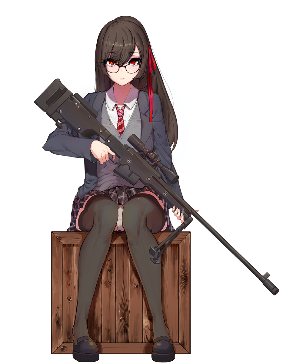 1girl bipod black_hair black_legwear crate eyebrows_visible_through_hair glasses gun hair_between_eyes happening18 highres korean_commentary long_hair necktie original panties pantyshot pantyshot_(sitting) plaid plaid_skirt red_eyes red_ribbon ribbon rifle school_uniform scope sitting skirt sniper_rifle solo thigh-highs thighs underwear weapon white_background white_panties