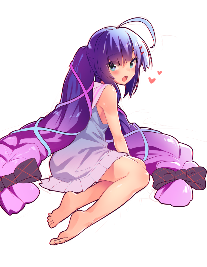 1girl :d ahoge bare_shoulders barefoot blue_eyes blue_hair dress eyebrows_visible_through_hair feet full_body hair_ornament hairclip heart long_hair looking_at_viewer no_hat no_headwear open_mouth otomachi_una pleated_dress sailor_dress sawayaka_samehada simple_background sitting smile solo twintails very_long_hair vocaloid white_background yokozuwari