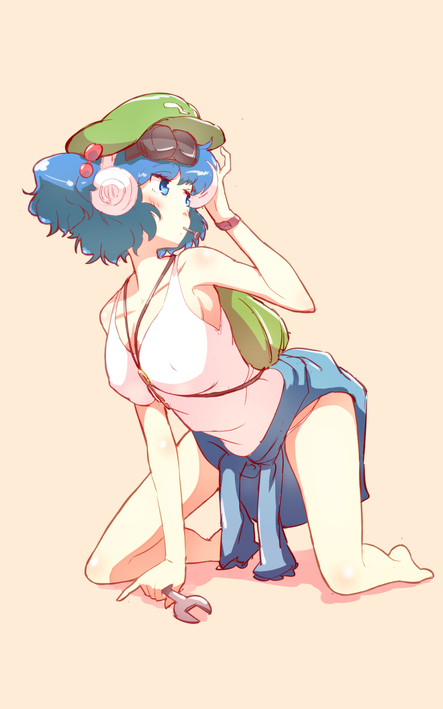 1girl backpack bag bare_legs barefoot blue_eyes blue_hair blush breasts cleavage clothes_around_waist erect_nipples full_body goggles goggles_on_head hair_bobbles hair_ornament hand_in_hair hat headphones highres kawashiro_nitori key kneeling large_breasts non_(z-art) panties panty_peek pink_background short_hair short_twintails simple_background sleeveless solo tank_top touhou twintails underwear wrench wristband