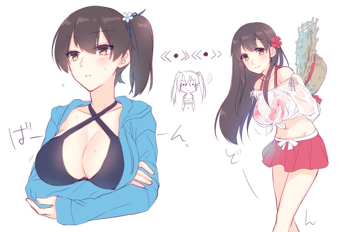 3girls akagi_(kantai_collection) alternate_costume bangs bare_shoulders bikini black_swimsuit blue_jacket blush breast_hold breasts brown_eyes brown_hair collarbone criss-cross_halter cropped_torso eyebrows_visible_through_hair flower flying_sweatdrops frilled_bikini frills hair_between_eyes hair_flower hair_ornament halterneck hat hat_removed headwear_removed hood hooded_jacket jacket kaga_(kantai_collection) kantai_collection large_breasts leaning_forward long_hair looking_at_viewer looking_away midriff multiple_girls navel red_swimsuit ri_(aya_pine) see-through side_ponytail simple_background smile straw_hat sweat swimsuit translated twintails white_background zuikaku_(kantai_collection)