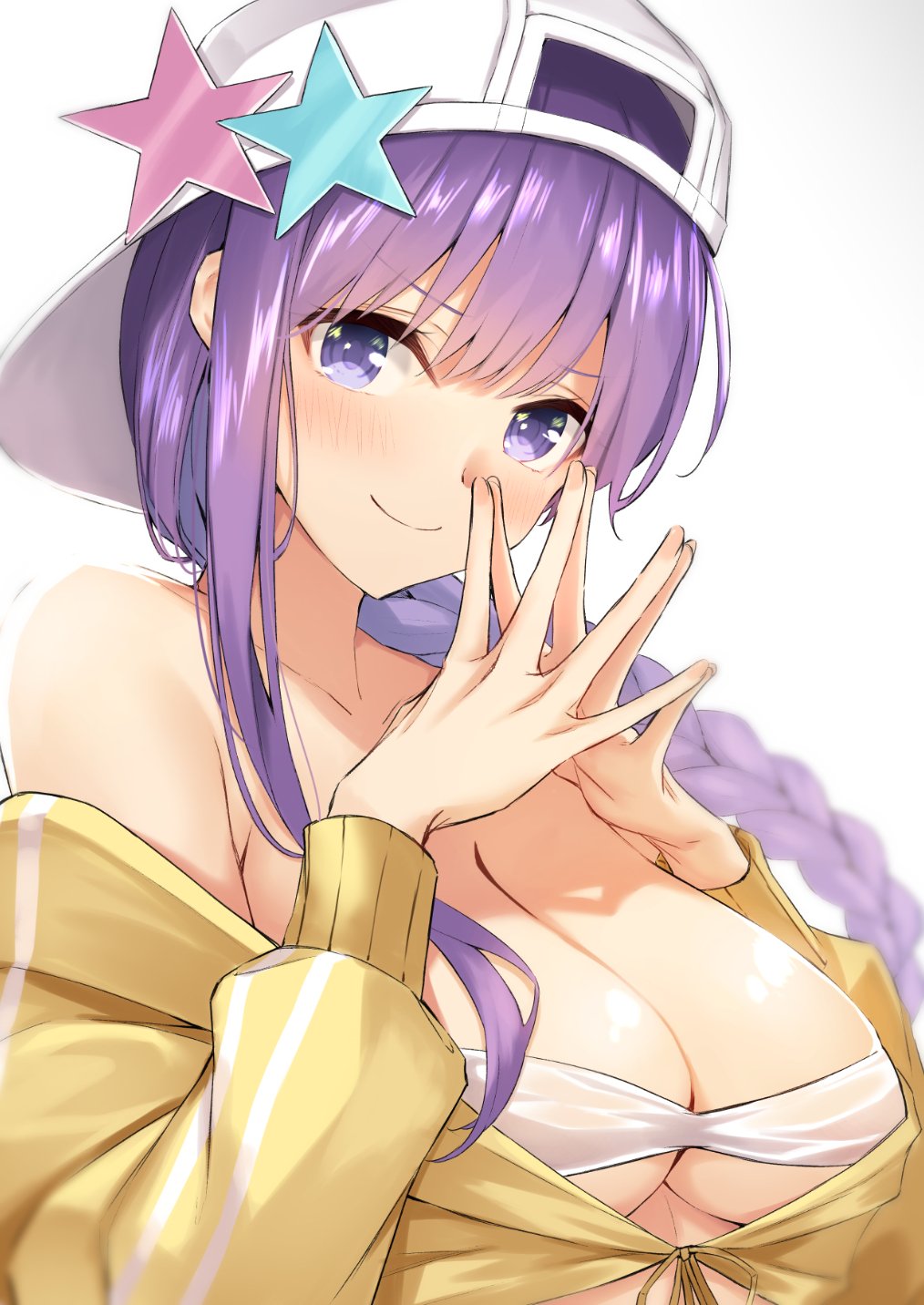 1girl anza_tomo backwards_hat bangs bare_shoulders baseball_cap bb_(swimsuit_mooncancer)_(fate) blush braid breasts cleavage closed_mouth collarbone cropped_jacket fate/extra fate/extra_ccc fate/grand_order fate_(series) fingers_together hat highres jacket large_breasts long_hair looking_at_viewer off_shoulder purple_hair simple_background smile solo star star_hat_ornament very_long_hair violet_eyes white_background white_bikini_top yellow_jacket