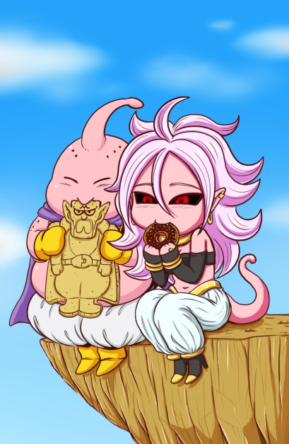 1girl android_21 bare_shoulders black_footwear black_sclera black_sleeves black_tubetop boots bracelet character_name chibi cliff cookie dabura detached_sleeves doughnut dragon_ball dragon_ball_fighterz earrings eating food full_body hair_between_eyes harem_pants heart high_heels hoop_earrings jewelry koyukiyasu long_hair majin_android_21 majin_buu midriff navel pants pillarboxed pink_skin pointy_ears purple_hair red_eyes sitting solo strapless tail tongue tongue_out tubetop white_pants yellow_footwear