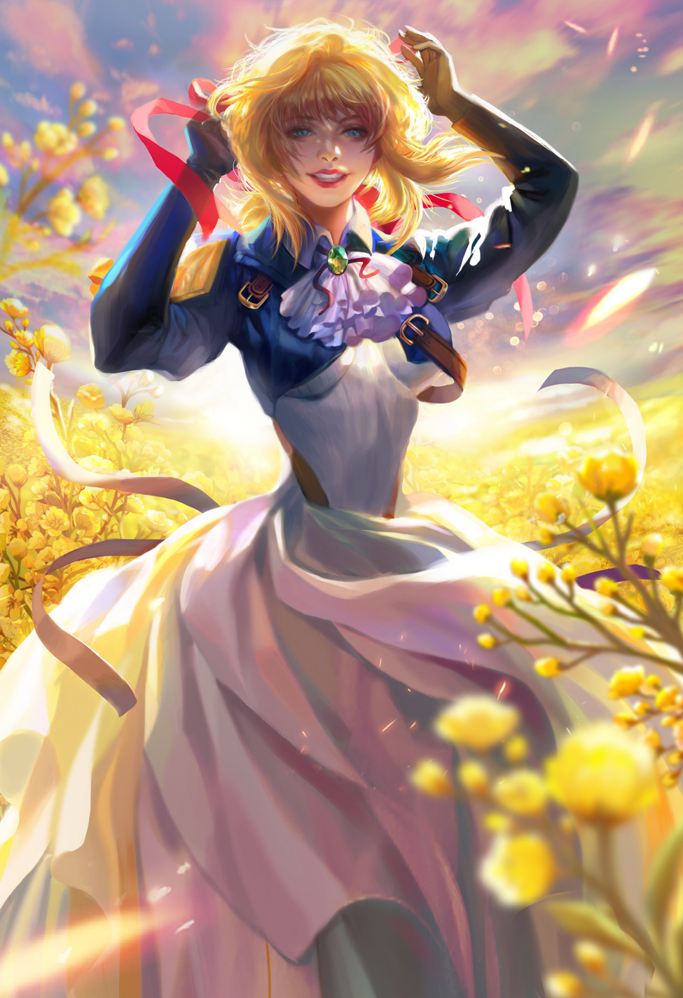 1girl arms_up blonde_hair blue_eyes blue_jacket blue_sky brooch buckle clouds dress field flower flower_field gloves hair_between_eyes hair_intakes hair_ribbon highres jacket jewelry red_ribbon ribbon skirt sky smile standing strap violet_evergarden violet_evergarden_(character) white_dress white_neckwear white_skirt yang_fan