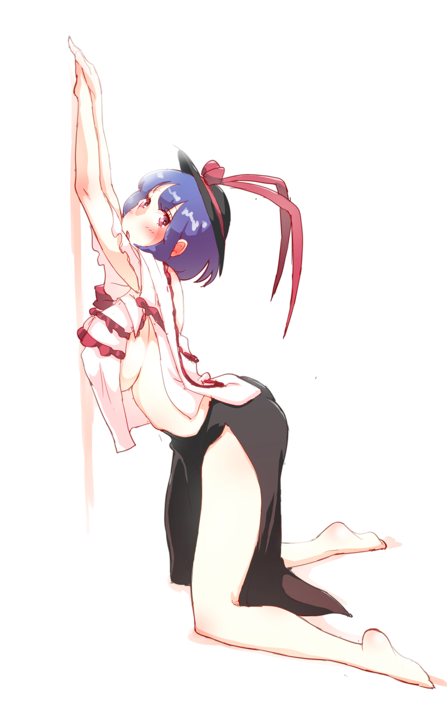 1girl against_wall barefoot blue_hair blush breasts full_body hands_together hat hat_ribbon highres kneeling large_breasts looking_at_viewer midriff nagae_iku non_(z-art) open_mouth red_eyes ribbon shirt short_hair side_slit sideboob simple_background skirt solo touhou white_background