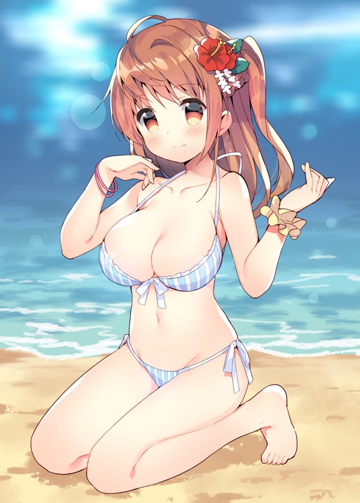 1girl ahoge bare_legs bare_shoulders barefoot beach bikini blurry blurry_background blush breasts brown_eyes brown_hair cleavage closed_mouth collarbone commentary_request depth_of_field fang fang_out flower front-tie_bikini front-tie_top groin hair_flower hair_ornament halter_top halterneck hands_up head_tilt kneeling large_breasts long_hair looking_at_viewer meito_(maze) navel ocean one_side_up original red_flower sand side-tie_bikini smile solo striped swimsuit toenails vertical-striped_bikini vertical_stripes water