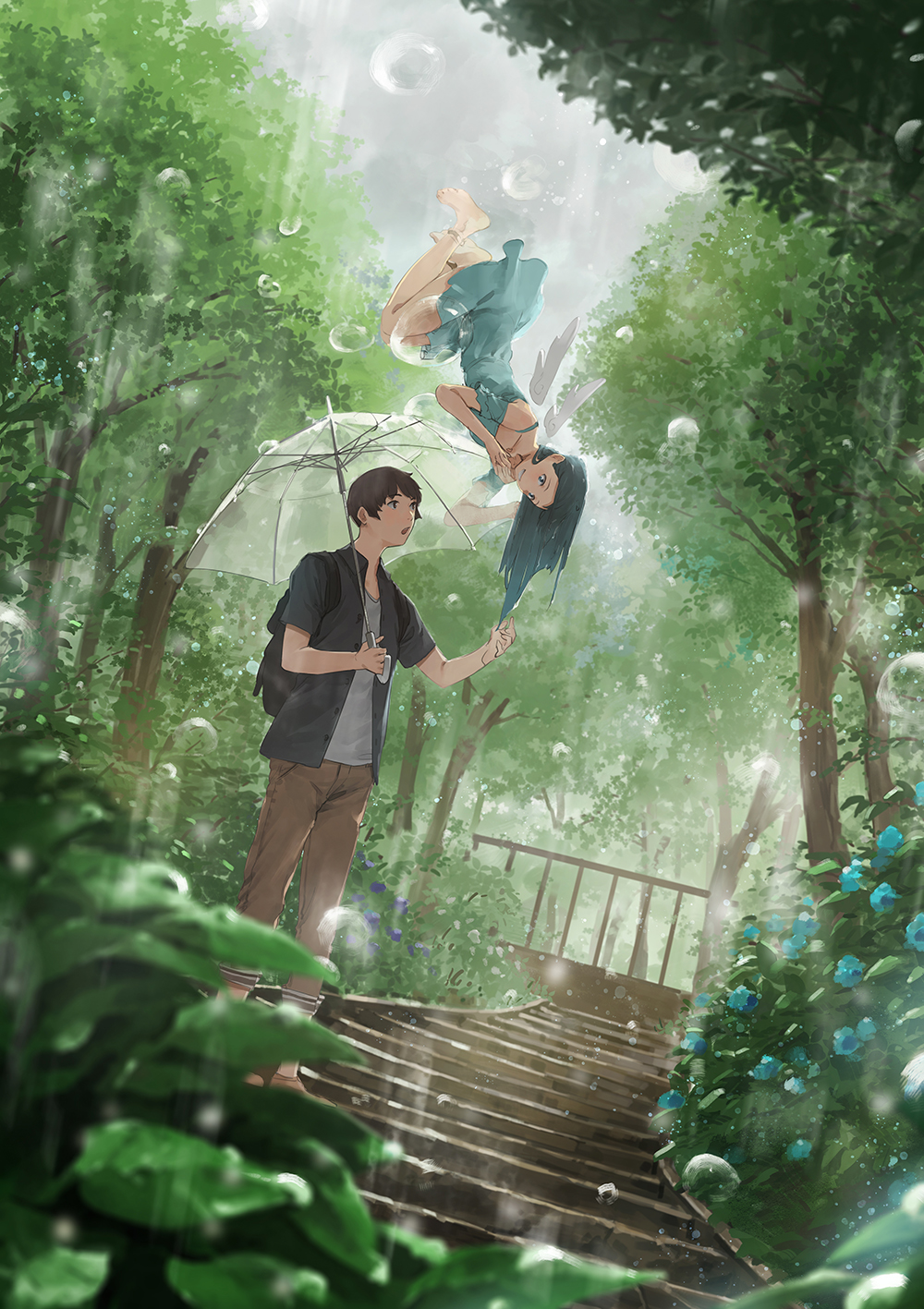 1boy 1girl :o anklet backpack bag bangle barefoot black_hair black_shirt blue_dress blue_flower bracelet brown_pants commentary_request day dress flower grin highres holding holding_umbrella jewelry long_hair looking_at_another open_mouth original outdoors overcast pants personification rain shirt smile somehira_katsu stairs transparent_umbrella tree umbrella upside-down white_shirt wings