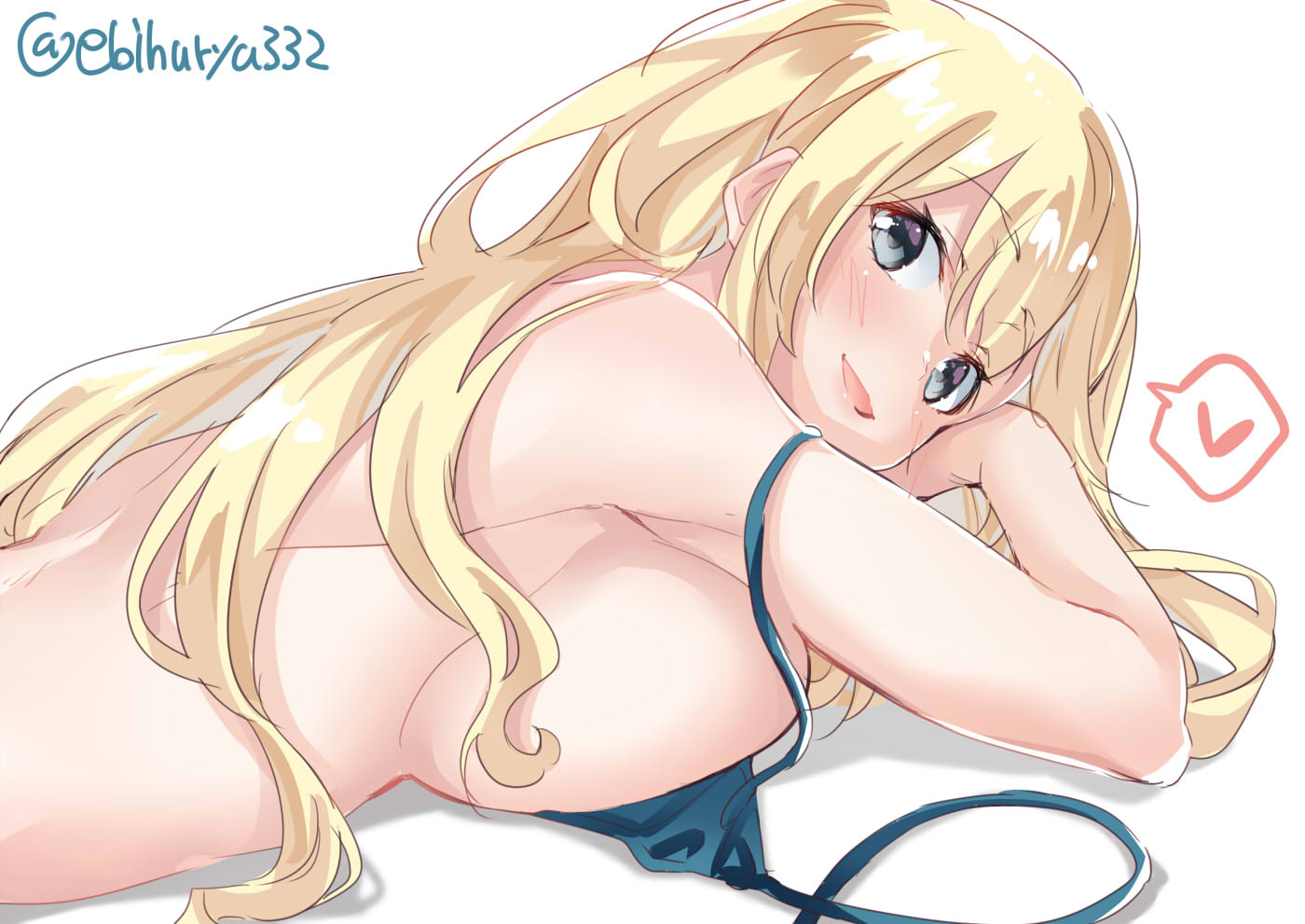 1girl atago_(kantai_collection) bikini blonde_hair blue_bikini blue_eyes blush breasts ebifurya eyebrows_visible_through_hair hair_between_eyes heart kantai_collection large_breasts long_hair looking_at_viewer open_mouth solo swimsuit twitter_username