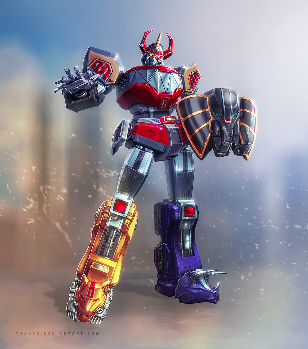 1boy 90s daijuujin electricity epic glowing glowing_eyes highres kyouryuu_sentai_zyuranger mecha megazord mighty_morphin_power_rangers no_humans power_rangers robot science_fiction super_robot super_sentai tagme tsaber