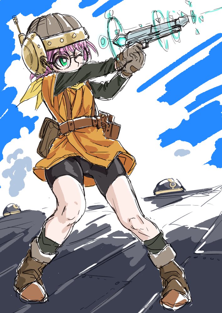 1girl aircraft airship bike_shorts breasts chrono_trigger clouds commentary_request firing glasses gun helmet lucca_ashtear purple_hair s-a-murai scarf short_hair shorts shorts_under_skirt solo turret weapon