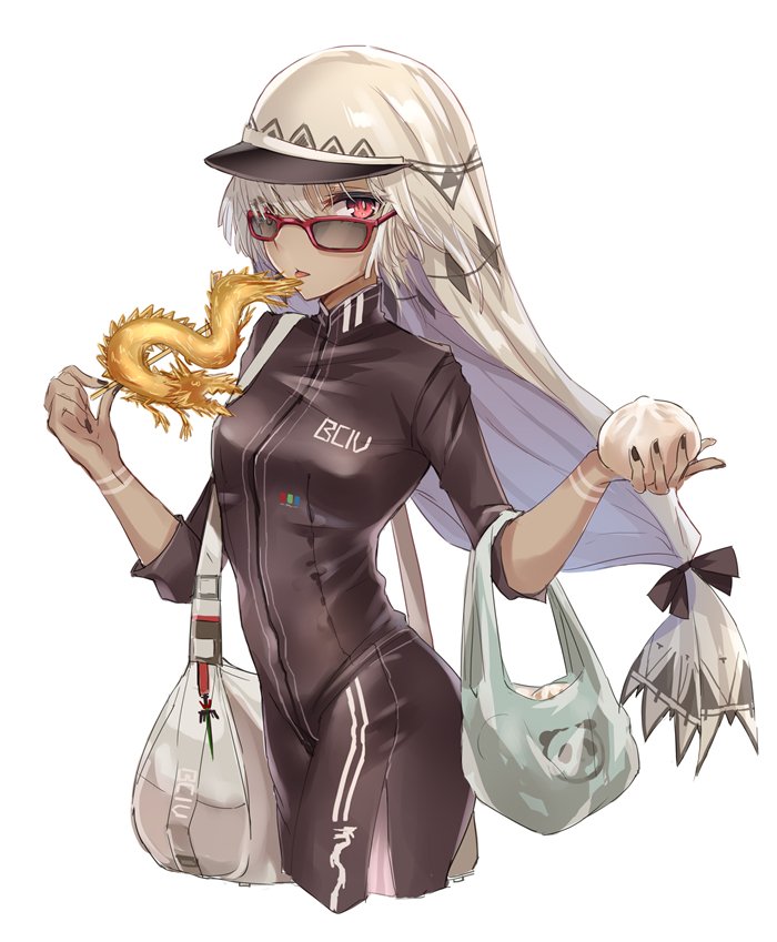 1girl altera_(fate) bag bangs black_dress black_nails breasts dark_skin dress duffel_bag fate/grand_order fate_(series) feet_out_of_frame food food_in_mouth glasses grey_hair headdress high_collar holding holding_food long_sleeves looking_at_viewer medium_breasts nail_polish red_eyes short_hair solo tagme tan veil white_hair yuemanhuaikong