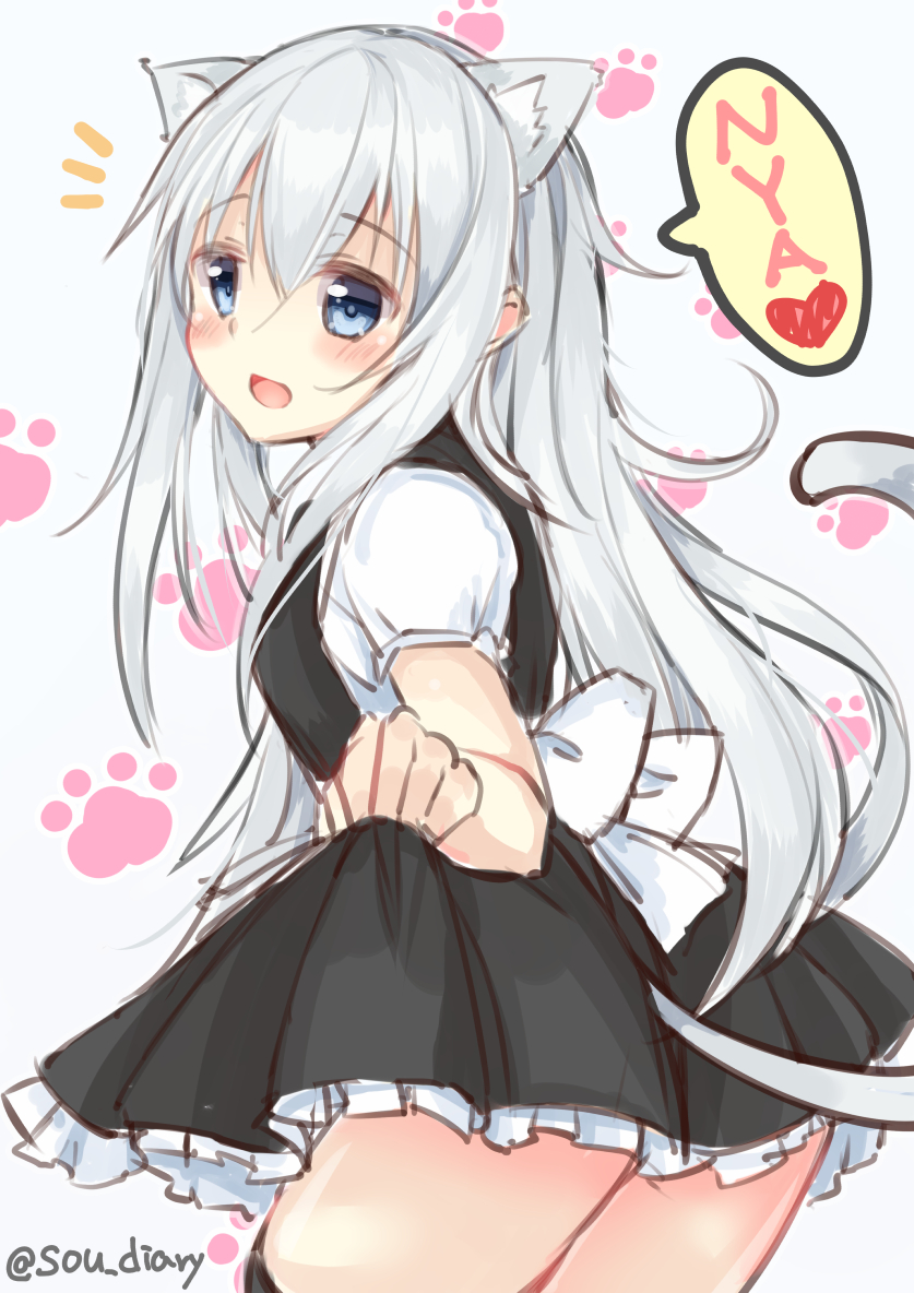 1girl alternate_costume animal_ears blue_eyes blush cat_ears cat_tail dress eyebrows_visible_through_hair fake_animal_ears fake_tail hair_between_eyes heart hibiki_(kantai_collection) kantai_collection long_dress looking_at_viewer open_mouth silver_hair solo sou_(soutennkouchi) tail