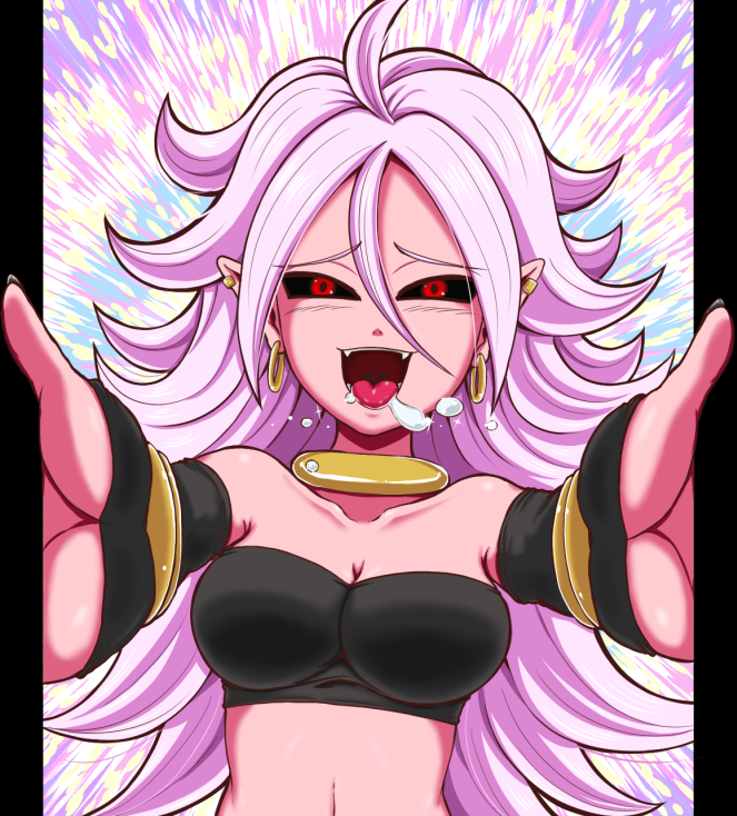 1girl android_21 bare_shoulders black_sclera black_sleeves black_tubetop bracelet breasts character_name detached_sleeves dragon_ball dragon_ball_fighterz drooling earrings fangs hair_between_eyes hoop_earrings jewelry koyukiyasu large_breasts long_hair looking_at_viewer majin_android_21 midriff navel pillarboxed pink_skin pointy_ears purple_hair red_eyes solo strapless tongue tongue_out tubetop