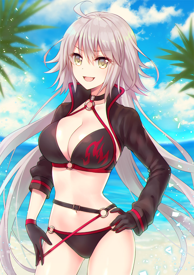 1girl :d ahoge bangs beach bikini black_bikini black_choker black_gloves black_jacket blue_sky blurry blurry_background breasts brown_eyes choker cleavage clouds cloudy_sky collarbone commentary_request day depth_of_field eyebrows_visible_through_hair fate/grand_order fate_(series) gloves hair_between_eyes hand_on_hip horizon jacket jeanne_d'arc_(alter_swimsuit_berserker) jeanne_d'arc_(fate)_(all) large_breasts long_hair long_sleeves looking_at_viewer navel o-ring o-ring_bikini o-ring_bottom o-ring_top ocean open_mouth outdoors sand sato_ame silver_hair sky smile solo standing swimsuit very_long_hair water