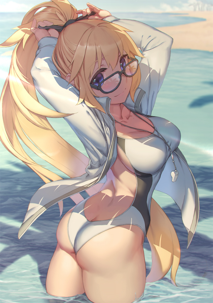 1girl adjusting_hair ass backless_outfit beach bespectacled black-framed_eyewear blonde_hair blue_eyes breasts collarbone commentary_request fate/grand_order fate_(series) glasses jacket jeanne_d'arc_(swimsuit_archer) large_breasts long_hair looking_at_viewer ocean one-piece_swimsuit partially_submerged ponytail rotix smile solo swimsuit very_long_hair whistle whistle_around_neck white_jacket white_swimsuit