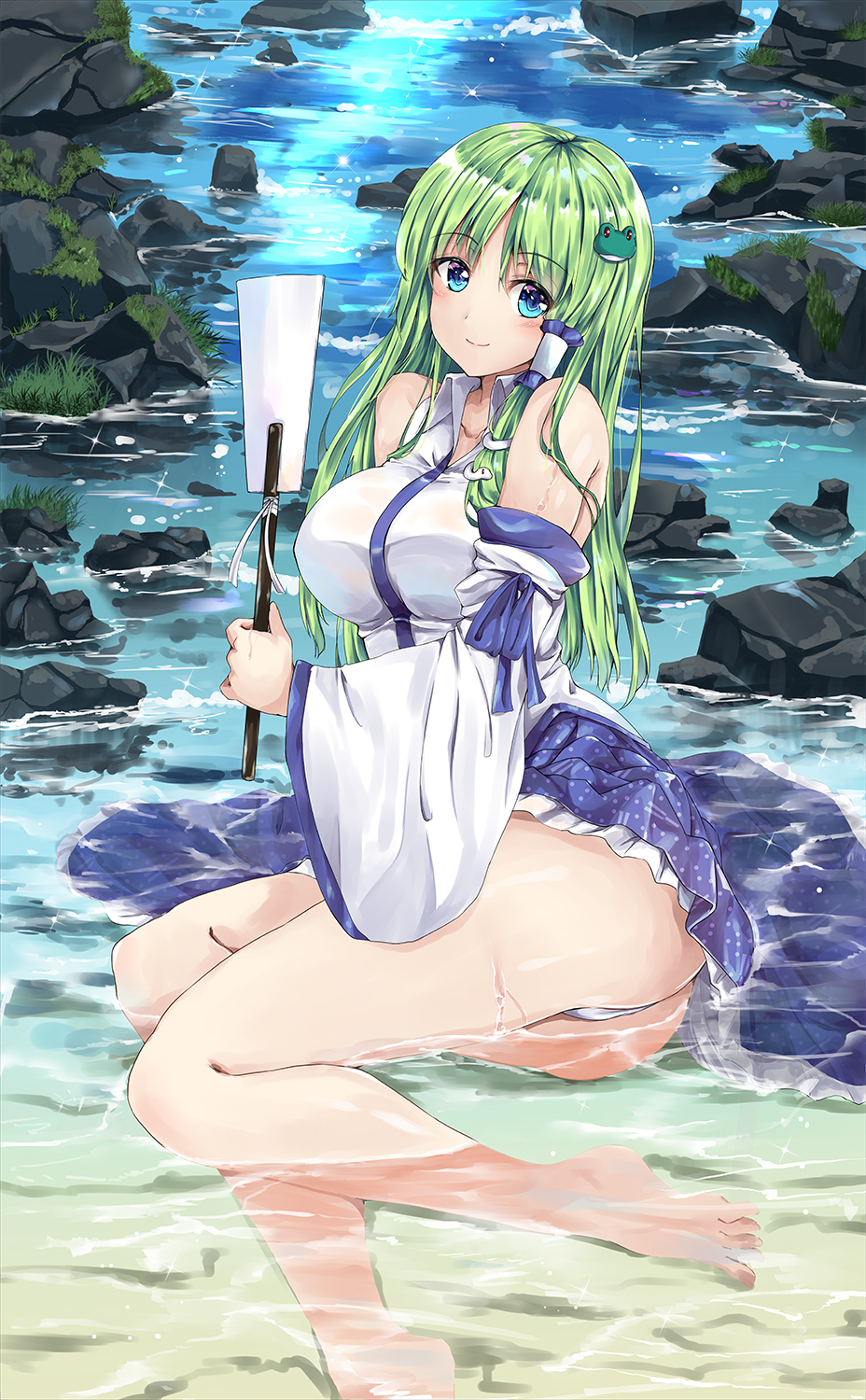 1girl ass blue_eyes blue_skirt breasts collared_shirt detached_sleeves eyebrows_visible_through_hair frog_hair_ornament fule full_body gohei green_hair hair_ornament hair_tubes highres japanese_clothes kochiya_sanae large_breasts long_hair long_skirt looking_at_viewer miko nontraditional_miko outdoors rock shirt sitting skirt sleeveless sleeveless_shirt smile snake_hair_ornament thighs touhou water white_shirt wide_sleeves