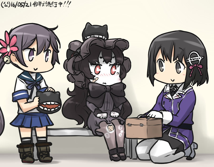 3girls akebono_(kantai_collection) bandaid bandaid_on_face bandaid_on_knee bell black_hair blush bonnet box commentary_request dated embarrassed flower gloves gothic_lolita haguro_(kantai_collection) hair_bell hair_flower hair_ornament hamu_koutarou isolated_island_oni jingle_bell kantai_collection lolita_fashion long_hair multiple_girls nose_blush pantyhose purple_hair red_eyes school_uniform seiza serafuku shinkaisei-kan side_ponytail sitting smile tearing_up torn_clothes torn_pantyhose very_long_hair violet_eyes wavy_mouth white_legwear white_skin