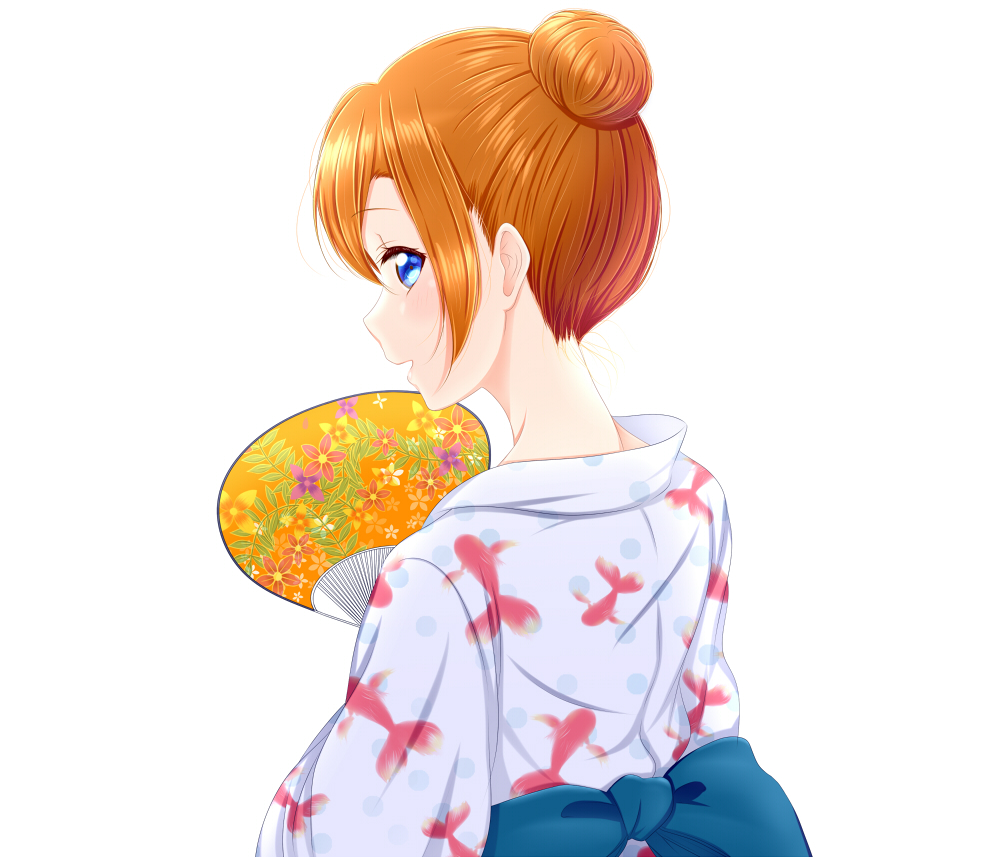 1girl animal_print blue_eyes eyebrows_visible_through_hair fan fish_print from_above goldfish_print hair_between_eyes hair_bun holding holding_fan japanese_clothes kimono kousaka_honoka looking_at_viewer looking_back love_live! love_live!_school_idol_project nape open_mouth orange_hair print_kimono roaru_(gyuren) short_hair simple_background solo upper_body white_background white_kimono