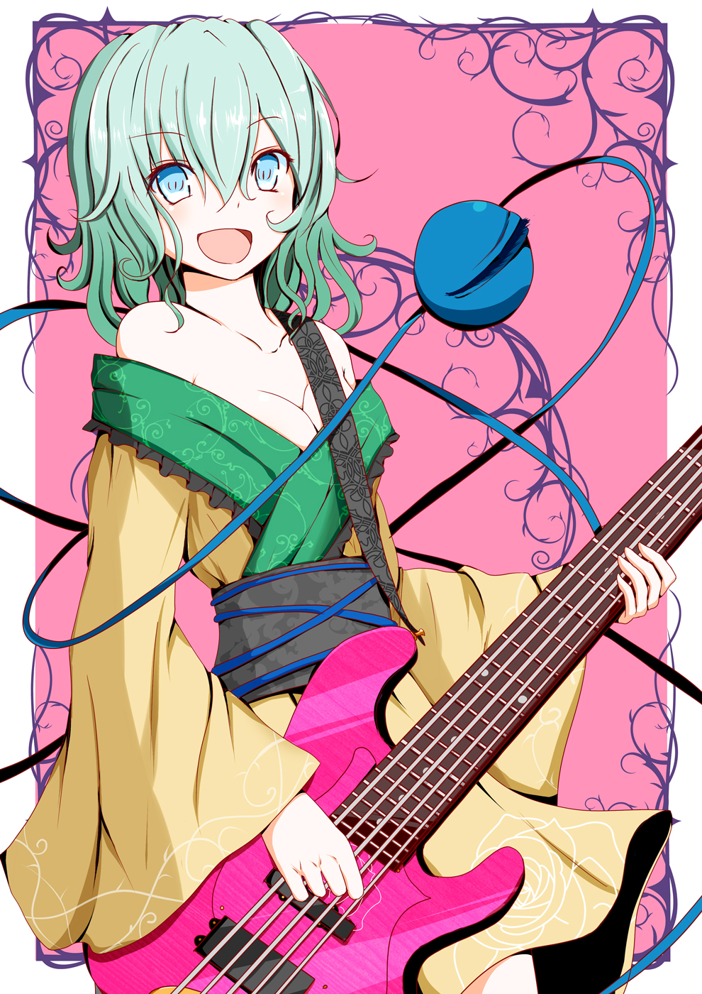1girl :d adapted_costume aqua_hair bangs bare_shoulders bass_guitar blue_eyes breasts cleavage collarbone eyebrows_visible_through_hair floral_print frills fuoco guitar hair_between_eyes highres holding holding_instrument instrument japanese_clothes kimono komeiji_koishi long_sleeves looking_at_viewer medium_hair music obi off_shoulder open_mouth playing_instrument rose_print sash smile solo third_eye touhou wide_sleeves yellow_kimono