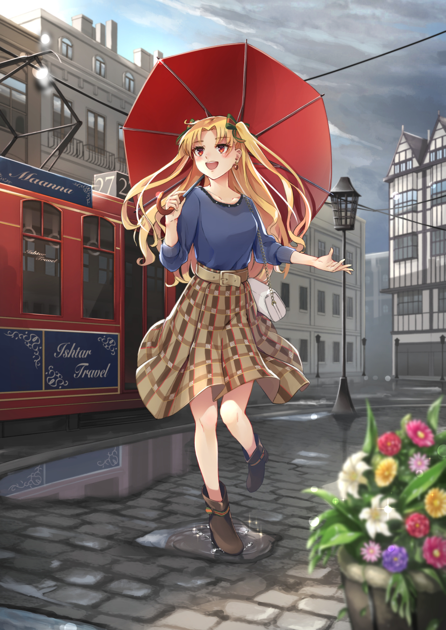 1girl :d bag blonde_hair blue_shirt boots bow brown_footwear brown_skirt character_name clouds cloudy_sky collarbone day earrings ereshkigal_(fate/grand_order) eyebrows_visible_through_hair fate/grand_order fate_(series) flower hair_bow handbag highres holding holding_umbrella jewelry leg_up long_hair looking_up nakaga_eri open_mouth outdoors pleated_skirt red_eyes red_umbrella road shirt skirt sky smile solo sparkle standing standing_on_one_leg street tohsaka_rin twintails umbrella very_long_hair