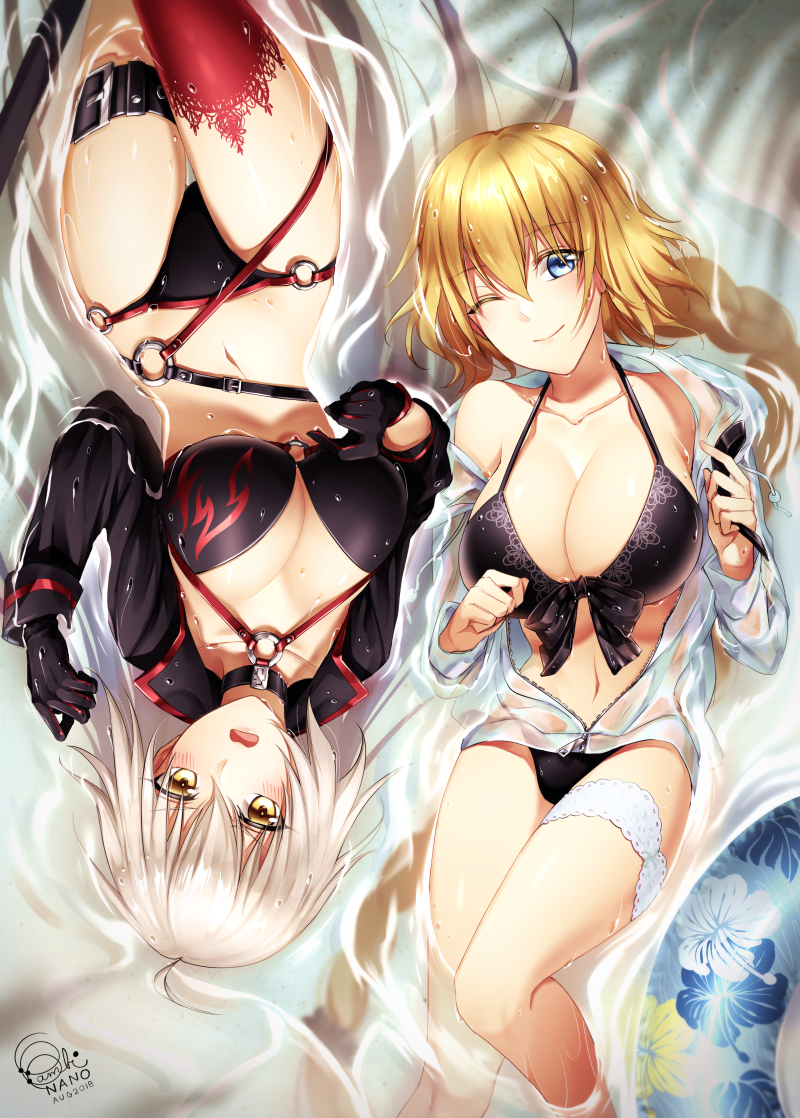 2girls ;) bambi_nano bikini black_bikini black_choker black_gloves black_jacket blonde_hair blush braid breasts choker cleavage closed_mouth cropped_jacket eyebrows_visible_through_hair fate/grand_order fate_(series) from_above front-tie_bikini front-tie_top gloves hair_between_eyes hood hoodie jacket jeanne_d'arc_(alter)_(fate) jeanne_d'arc_(alter_swimsuit_berserker) jeanne_d'arc_(fate) jeanne_d'arc_(fate)_(all) large_breasts leg_garter long_braid long_hair looking_at_viewer lying multiple_girls navel o-ring o-ring_bikini on_back one_eye_closed open_clothes open_hoodie open_mouth pale_skin partially_submerged red_legwear rotational_symmetry see-through silver_hair single_braid single_thighhigh smile swimsuit thigh-highs thigh_strap very_long_hair water wet wet_clothes yellow_eyes