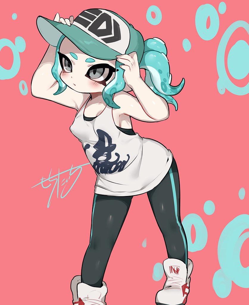 agent_8 aqua_hair blush breasts cephalopod_eyes covered_nipples domino_mask grey_eyes hat makeup mascara mask nama_namusan octarian octoling pantyhose pointy_ears shoes singlet small_breasts sneakers splatoon splatoon_2 splatoon_2:_octo_expansion suction_cups tentacle_hair
