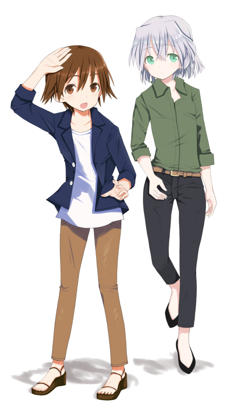 2girls alternate_costume brown_eyes brown_hair casual denim flat_chest green_eyes highres jeans miyafuji_yoshika morita_(mmmoritannn) multiple_girls pants sandals sanya_v_litvyak short_hair silver_hair simple_background strike_witches white_background world_witches_series