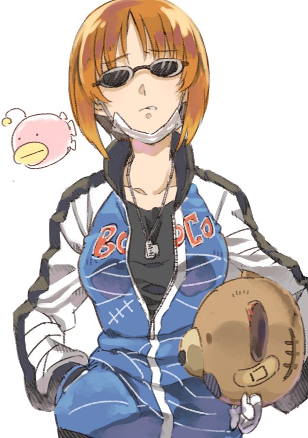 1girl anglerfish bandaid bangs black_shirt blue_jacket boko_(girls_und_panzer) brown_hair commentary cosmic_(crownclowncosmic) delinquent dog_tags emblem eyebrows_visible_through_hair frown fuchigami_mai girls_und_panzer grimace hand_in_pocket holding holding_stuffed_animal jacket long_sleeves looking_at_viewer nishizumi_miho open_clothes open_jacket scar shirt short_hair simple_background solo standing stuffed_animal stuffed_toy sunglasses surgical_mask teddy_bear upper_body white_background