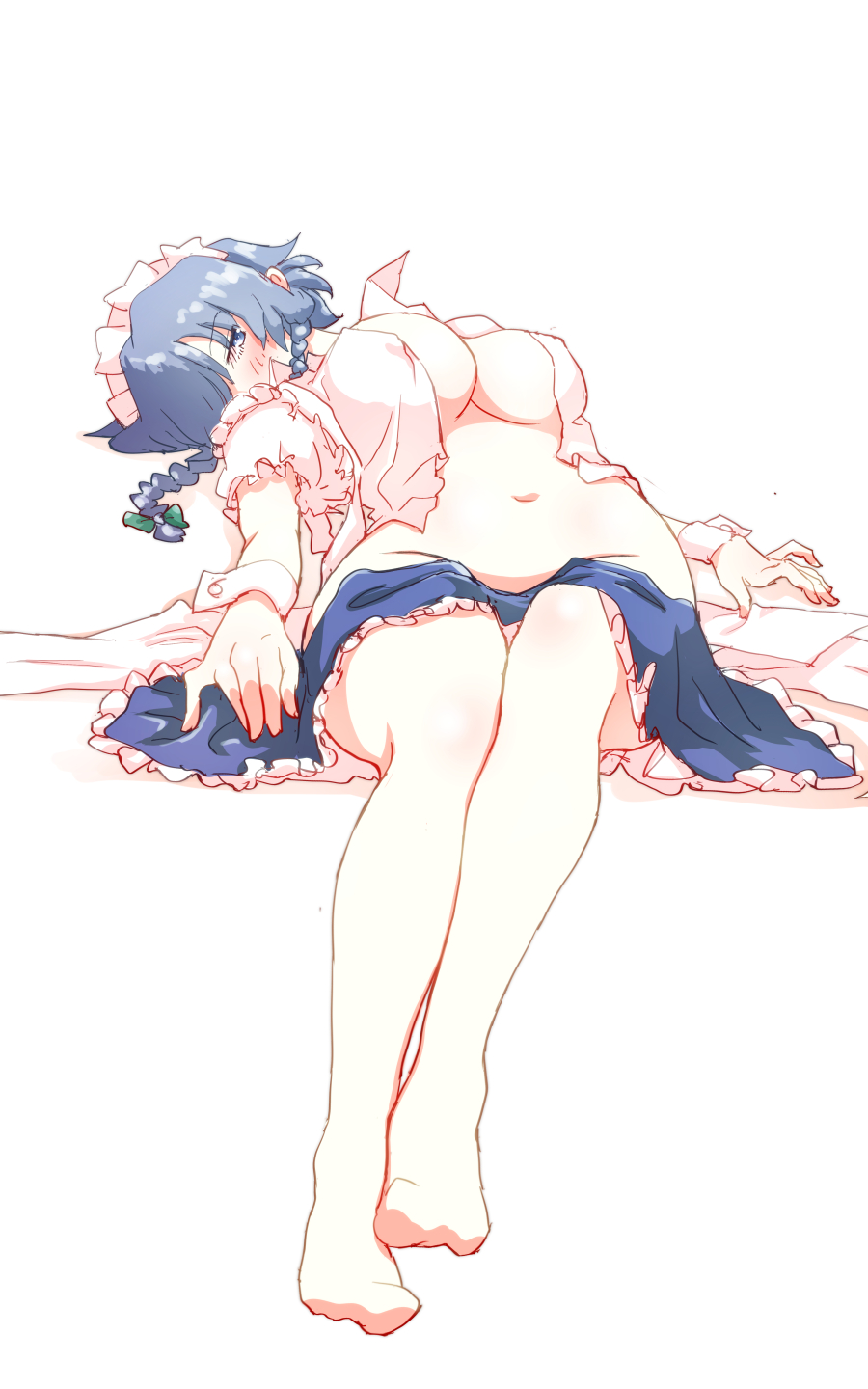 1girl bare_legs barefoot blue_eyes blue_hair blush braid breasts cleavage collared_shirt covered_nipples full_body groin highres izayoi_sakuya large_breasts looking_at_viewer maid_headdress midriff miniskirt navel non_(z-art) open_clothes open_shirt shirt short_hair short_sleeves simple_background skirt solo touhou twin_braids white_background wrist_cuffs