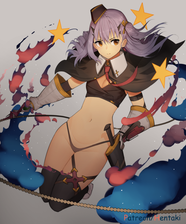 1girl bangs black_legwear brown_eyes cape cloak collared_shirt full_body gloves grey_hair hat hentaki lingerie long_hair medium_hair navel necktie original paid_reward panties patreon_reward purple_hair revealing_clothes shirt solo sword thigh-highs twintails underwear weapon whip yellow_eyes