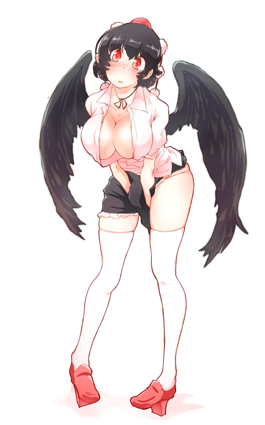 1girl between_legs bird_wings black_hair blush breasts cleavage collared_shirt full_body geta hand_between_legs hat highres large_breasts looking_at_viewer neck_ribbon non_(z-art) open_clothes open_mouth open_shirt partially_unbuttoned pom_pom_(clothes) red_eyes ribbon shameimaru_aya shirt short_hair simple_background skindentation skirt solo standing tengu-geta thigh-highs thighs tokin_hat touhou white_background white_legwear wings zettai_ryouiki