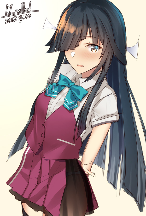 1girl adapted_costume arms_behind_back bangs black_hair black_skirt blunt_bangs bow bowtie cocktail cosplay dated drink hair_over_one_eye hair_ribbon hayashimo_(kantai_collection) kantai_collection long_hair pallad pleated_skirt purple_vest remodel_(kantai_collection) ribbon school_uniform shirt signature simple_background skirt sleeves_rolled_up solo upper_body very_long_hair vest white_background white_shirt yuugumo_(kantai_collection) yuugumo_(kantai_collection)_(cosplay)