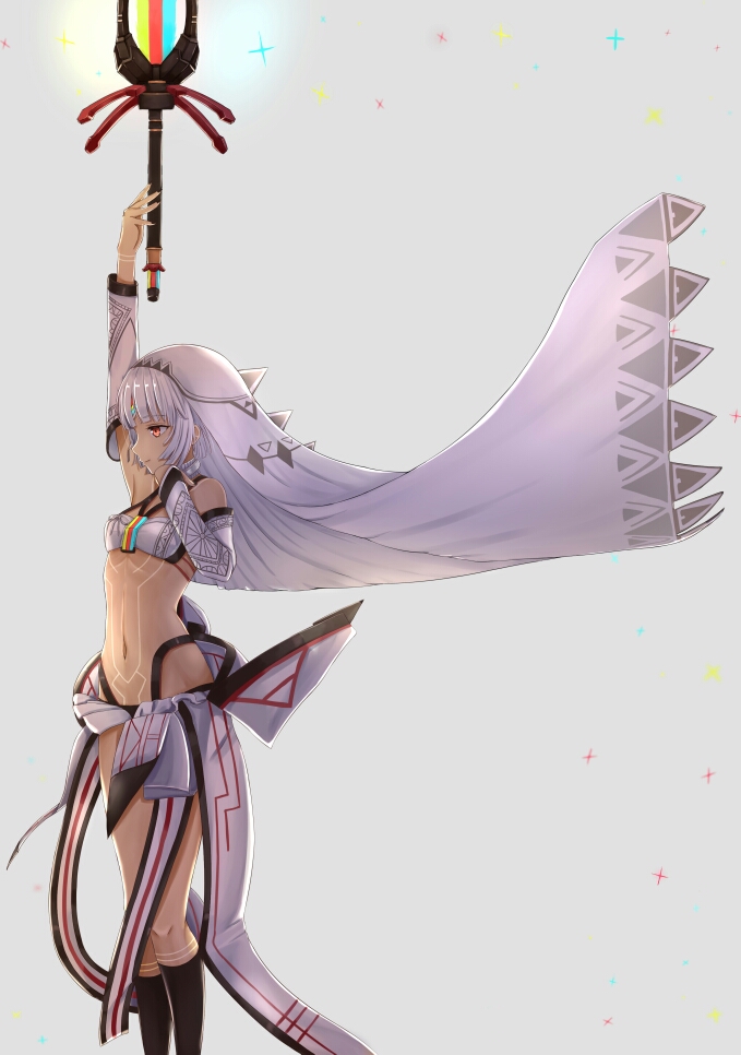 1girl altera_(fate) arm_up dark_skin detached_sleeves fate/extella fate/extra fate/grand_order fate_(series) feet_out_of_frame full_body_tattoo headdress hokori_sakuni legs midriff navel photon_ray red_eyes short_hair simple_background solo sword tagme tan tattoo thighs veil weapon white_hair