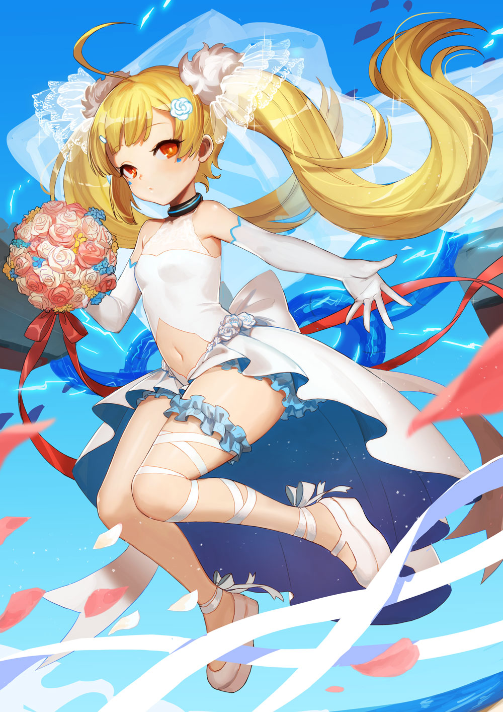 1girl ahoge azur_lane bangs bare_shoulders blonde_hair blue_flower blue_sky blush bouquet commentary_request day dress elbow_gloves eldridge_(azur_lane) electricity eyebrows_visible_through_hair facial_mark flower gloves hair_flower hair_ornament heart highres holding holding_bouquet horizon leg_garter leg_ribbon long_hair midair navel navel_cutout nima_(niru54) ocean outdoors outstretched_arm petals pink_flower pink_rose red_eyes ribbon rose see-through shoes sky sleeveless sleeveless_dress solo tail twintails very_long_hair water white_dress white_flower white_footwear white_gloves white_ribbon white_rose