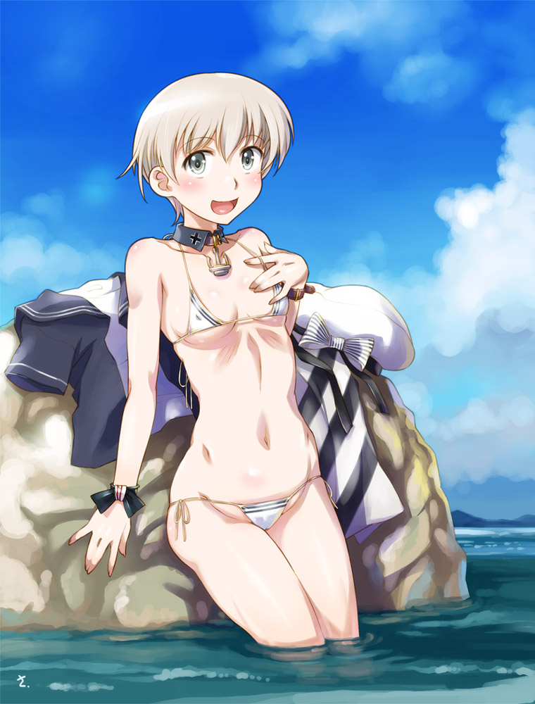 1girl anchor_symbol bikini blonde_hair blush breasts collar commentary_request covered_nipples grey_eyes kantai_collection rock sameha_ikuya short_hair side-tie_bikini small_breasts solo swimsuit water z1_leberecht_maass_(kantai_collection)