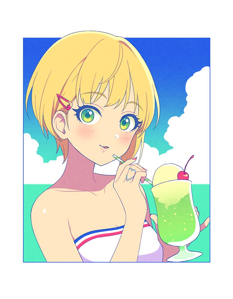 1girl :3 agata_(agatha) bangs bare_shoulders blonde_hair blue_sky blush breasts cherry cleavage clouds collarbone day drink drinking_straw eyebrows_visible_through_hair eyelashes fingernails food fruit green_eyes hair_ornament hairclip heart idolmaster idolmaster_cinderella_girls jewelry looking_at_viewer miyamoto_frederica nail_polish open_mouth red_nails ring short_hair sky solo strapless upper_body