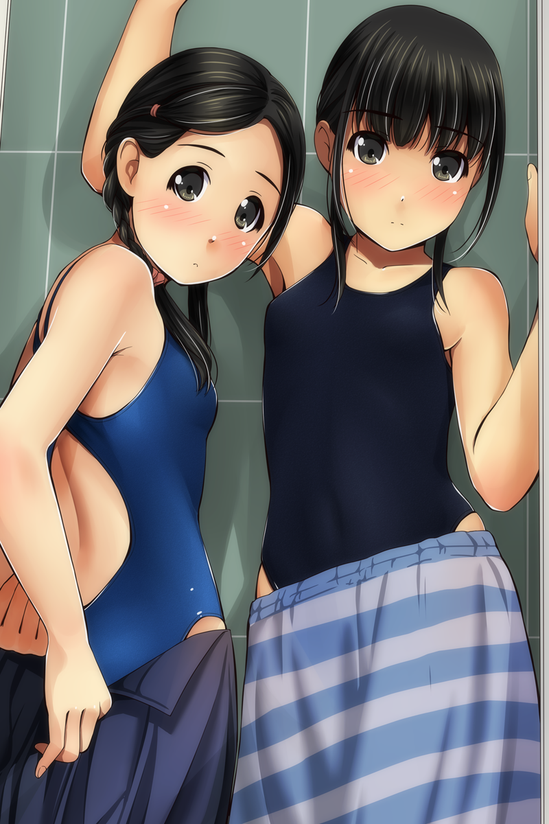 2girls arm_behind_back arm_up armpits back_cutout bangs bare_shoulders black_hair black_skirt blue_skirt blue_swimsuit blush braid breasts brown_eyes closed_mouth collarbone commentary_request competition_school_swimsuit competition_swimsuit cowboy_shot eyebrows_visible_through_hair forehead hand_up head_tilt highres long_hair looking_to_the_side matsunaga_kouyou multicolored_hair multiple_girls nose_blush one-piece_swimsuit open_clothes open_fly open_skirt original short_hair sidelocks skirt small_breasts streaked_hair striped striped_skirt swimsuit tile_wall tiles twin_braids undressing white_hair